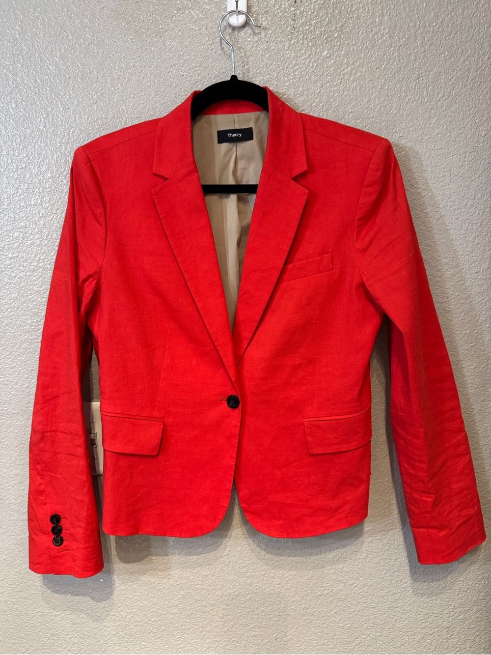 Theory Linen Blend One Button Blazer Coral Red Shrinking Violet Size 8